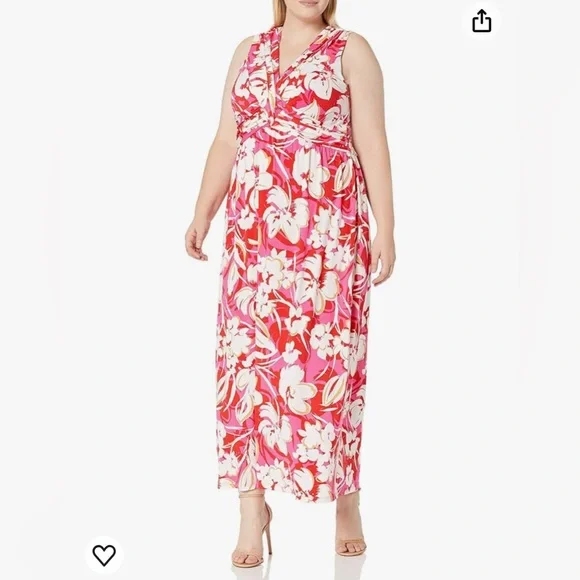 Vince Camuto Plus Size V-Neck Pleated Detail Sleeveless Floral Print Maxi Dress, Womens, 22W, Pink Multicolor